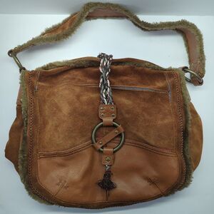 Vintage Y2K Brown Genuine Leather Faux Fur‎ Trim Boho Hippie Shoulder Bag